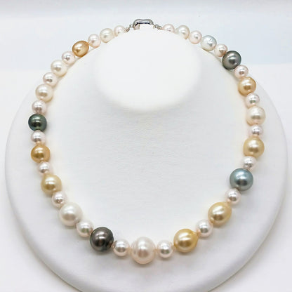Yamato multi-color necklace with Akoya, South Sea black and white pearls on silver chain, 46cm length