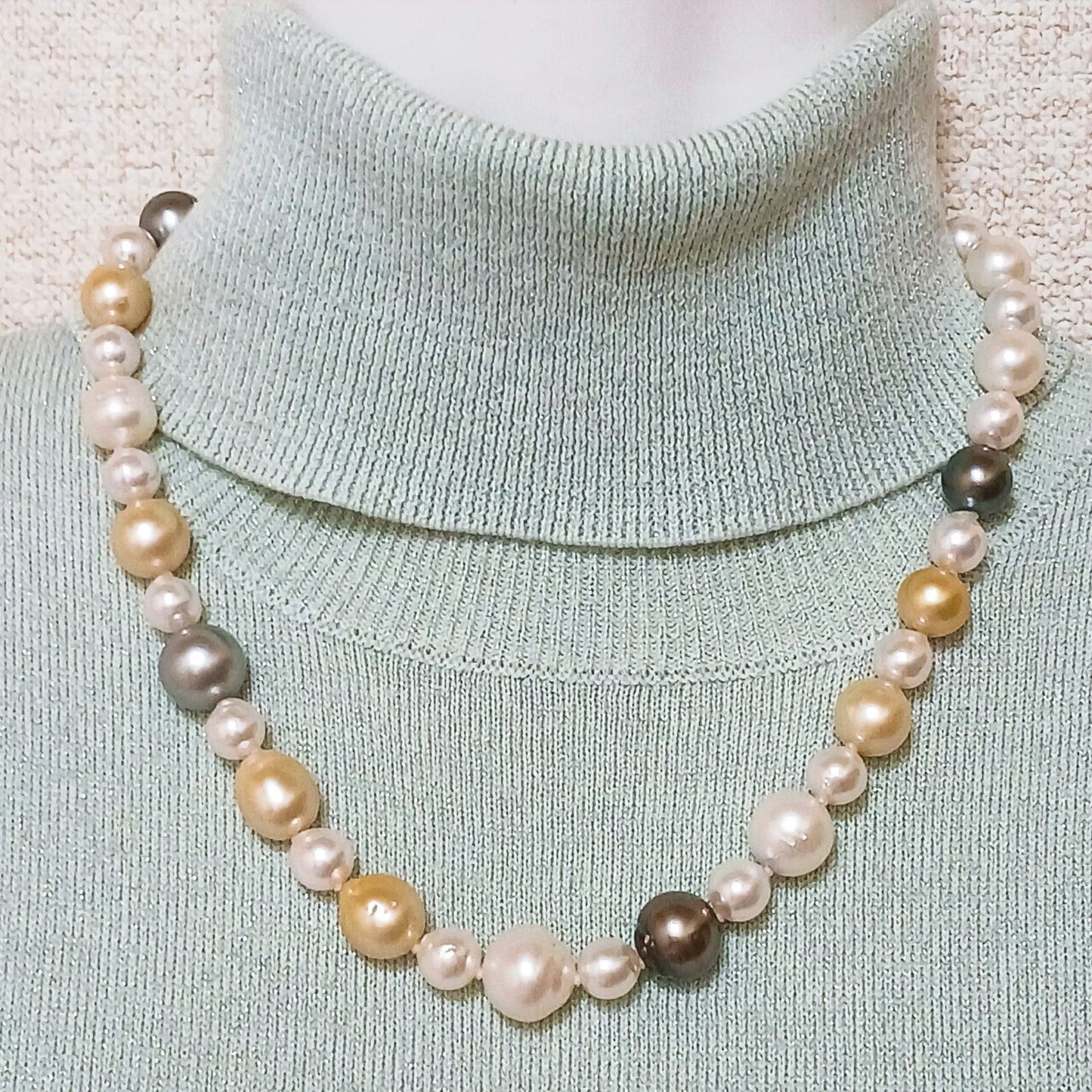Yamato multi-color necklace with Akoya, South Sea black and white pearls on silver chain, 46cm length