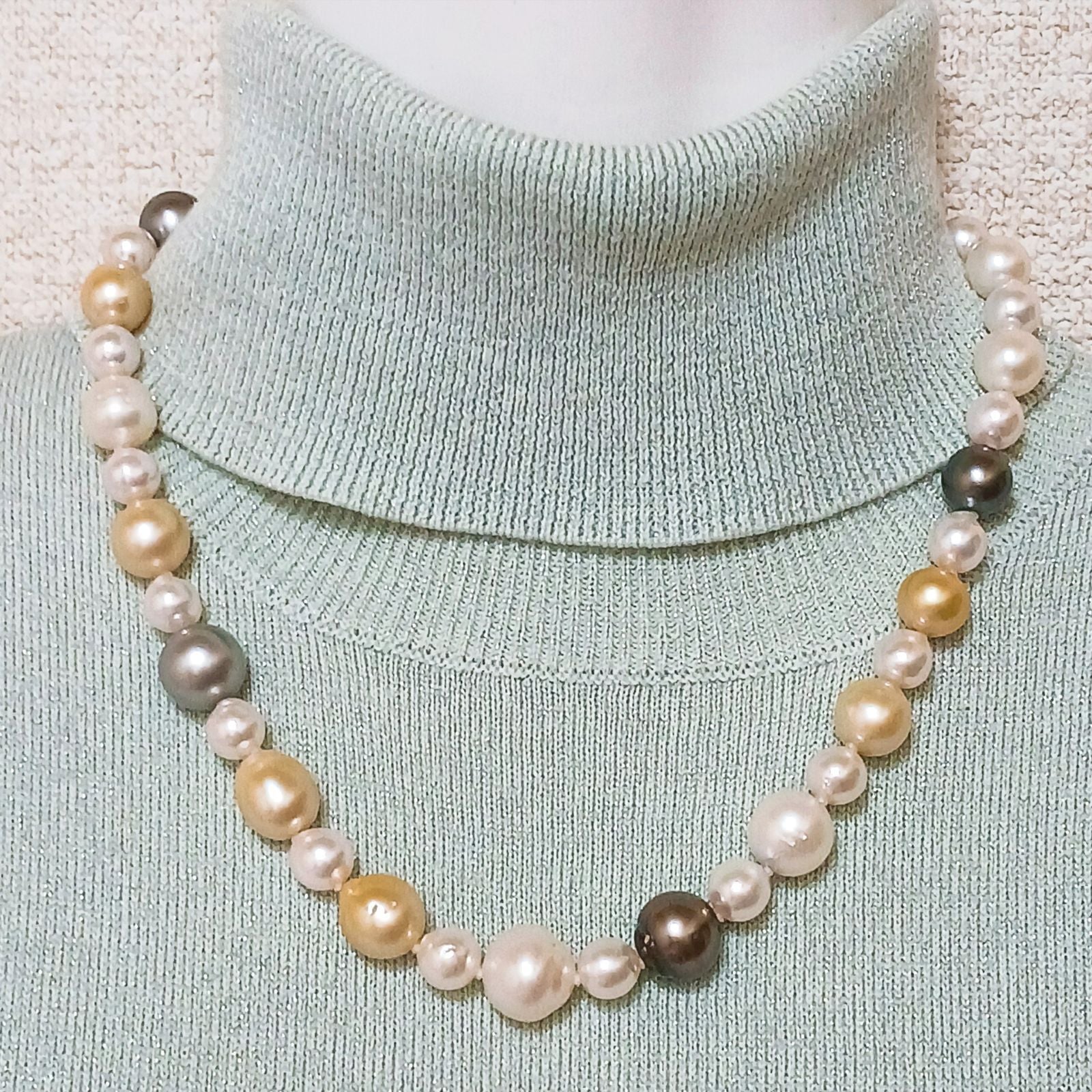Yamato multi-color necklace with Akoya, South Sea black and white pearls on silver chain, 46cm length