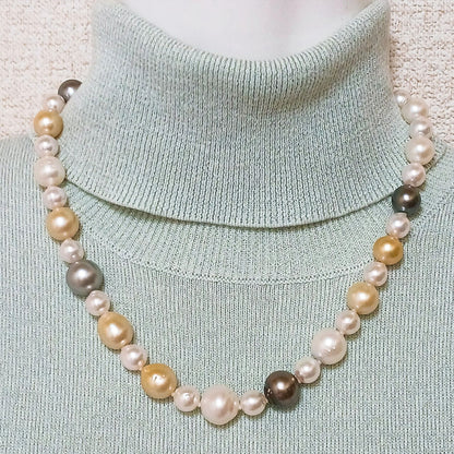 Yamato multi-color necklace with Akoya, South Sea black and white pearls on silver chain, 46cm length