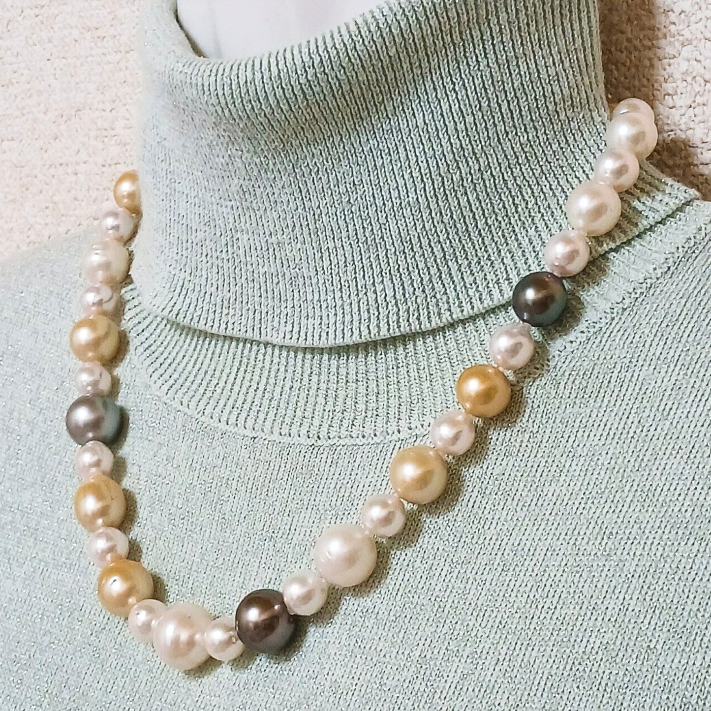 Yamato multi-color necklace with Akoya, South Sea black and white pearls on silver chain, 46cm length