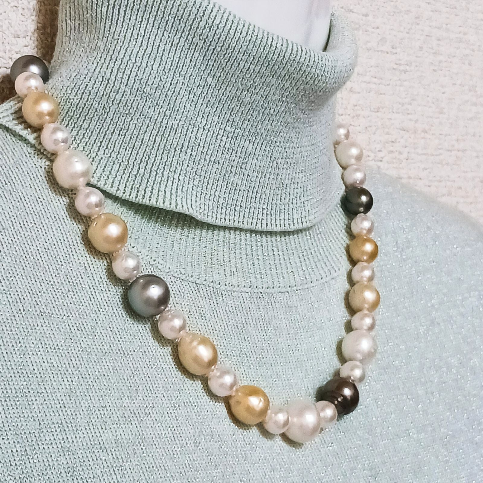 Yamato multi-color necklace with Akoya, South Sea black and white pearls on silver chain, 46cm length