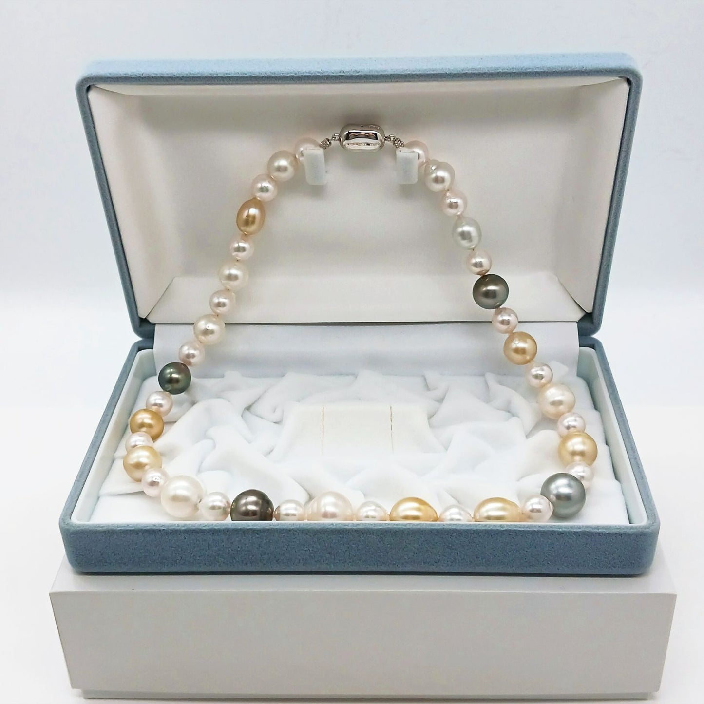 Yamato multi-color necklace with Akoya, South Sea black and white pearls on silver chain, 46cm length