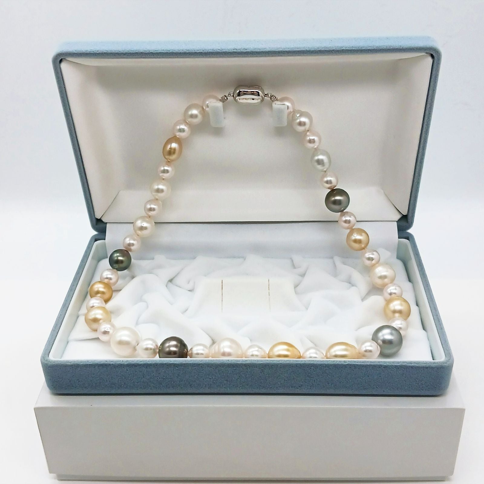 Yamato multi-color necklace with Akoya, South Sea black and white pearls on silver chain, 46cm length