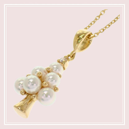 MIKIMOTO 18K yellow gold tree pendant necklace with Akoya pearl and diamond on 40 cm chain