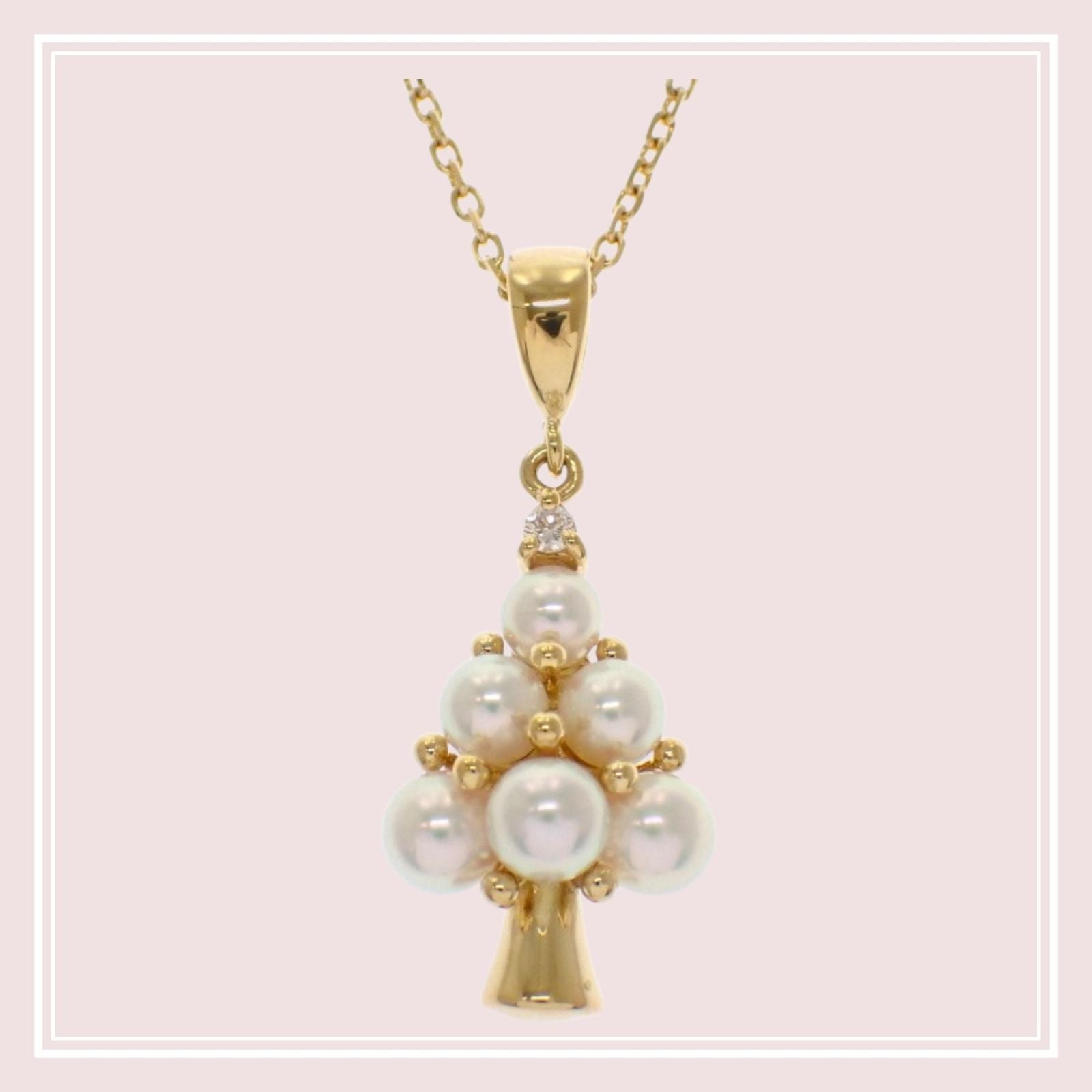 MIKIMOTO 18K yellow gold tree pendant necklace with Akoya pearl and diamond on 40 cm chain