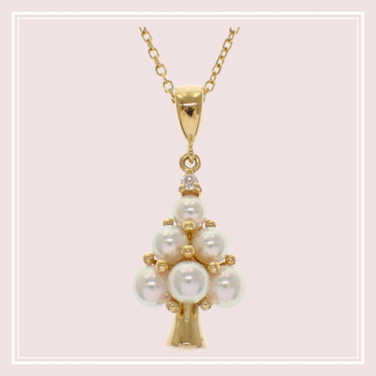 MIKIMOTO 18K yellow gold tree pendant necklace with Akoya pearl and diamond on 40 cm chain