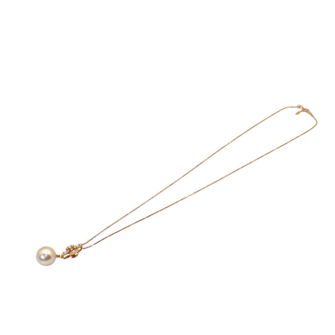 Tasaki 11mm white South Sea pearl necklace with diamond-accented K18 yellow gold cross pendant on a 44 cm chain