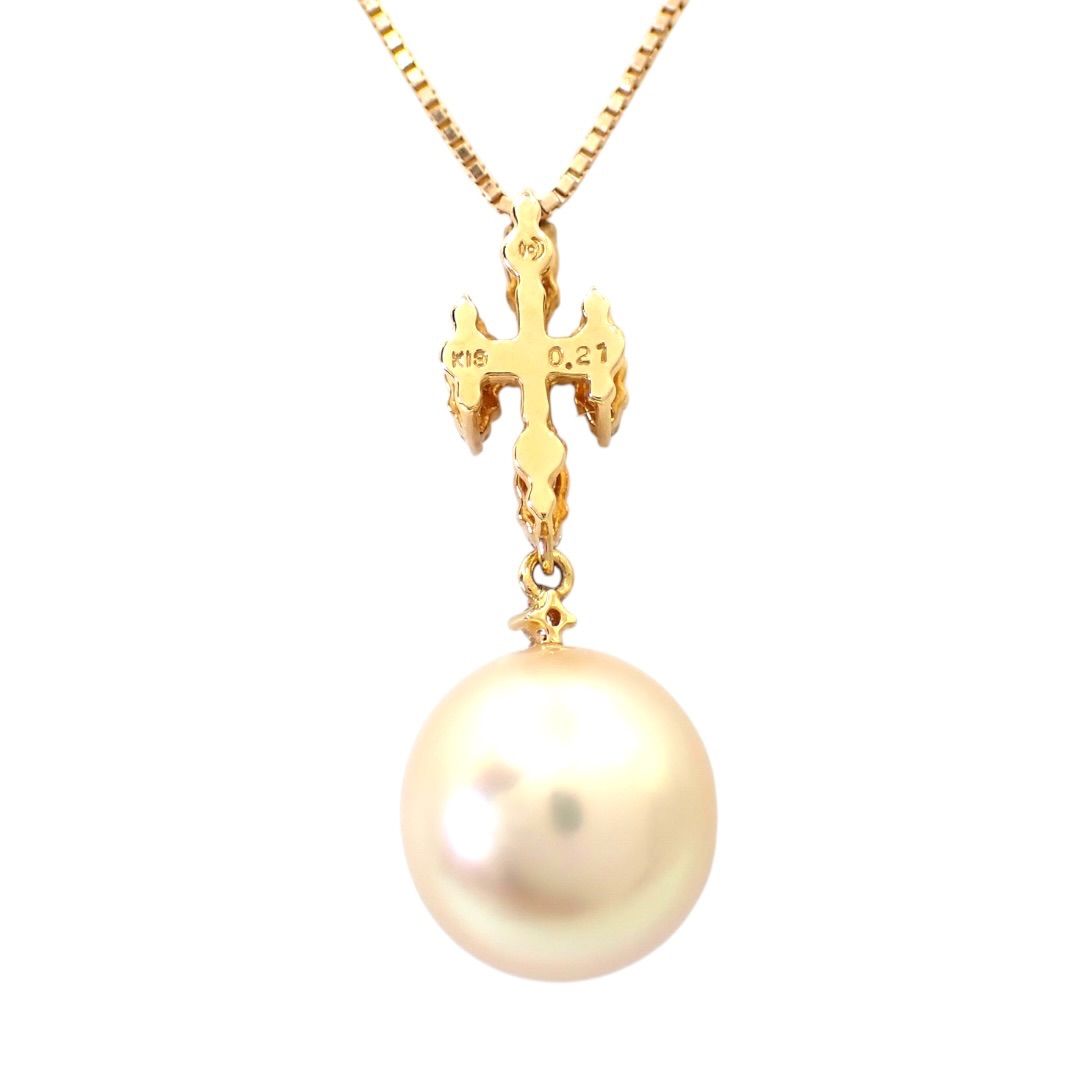 Tasaki 11mm white South Sea pearl necklace with diamond-accented K18 yellow gold cross pendant on a 44 cm chain