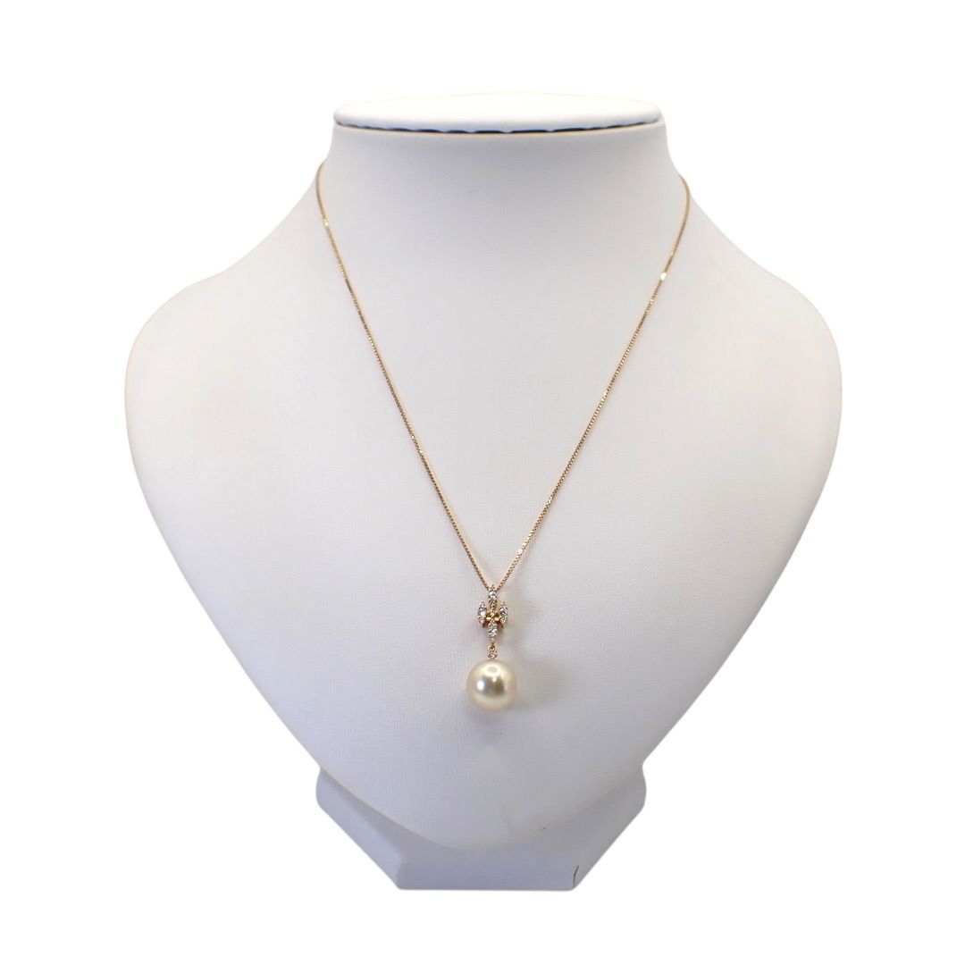 Tasaki 11mm white South Sea pearl necklace with diamond-accented K18 yellow gold cross pendant on a 44 cm chain