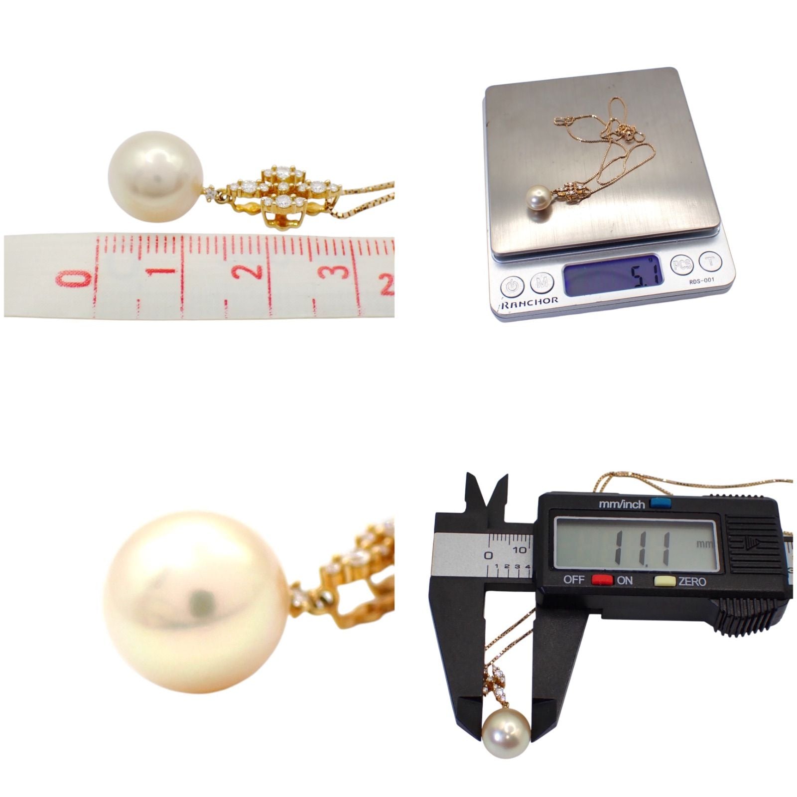 Tasaki 11mm white South Sea pearl necklace with diamond-accented K18 yellow gold cross pendant on a 44 cm chain
