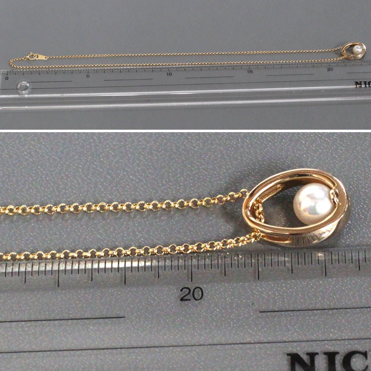 Mikimoto K18 yellow gold pearl pendant with 42cm chain, measuring 11mm by 16mm, weighing 7.1g