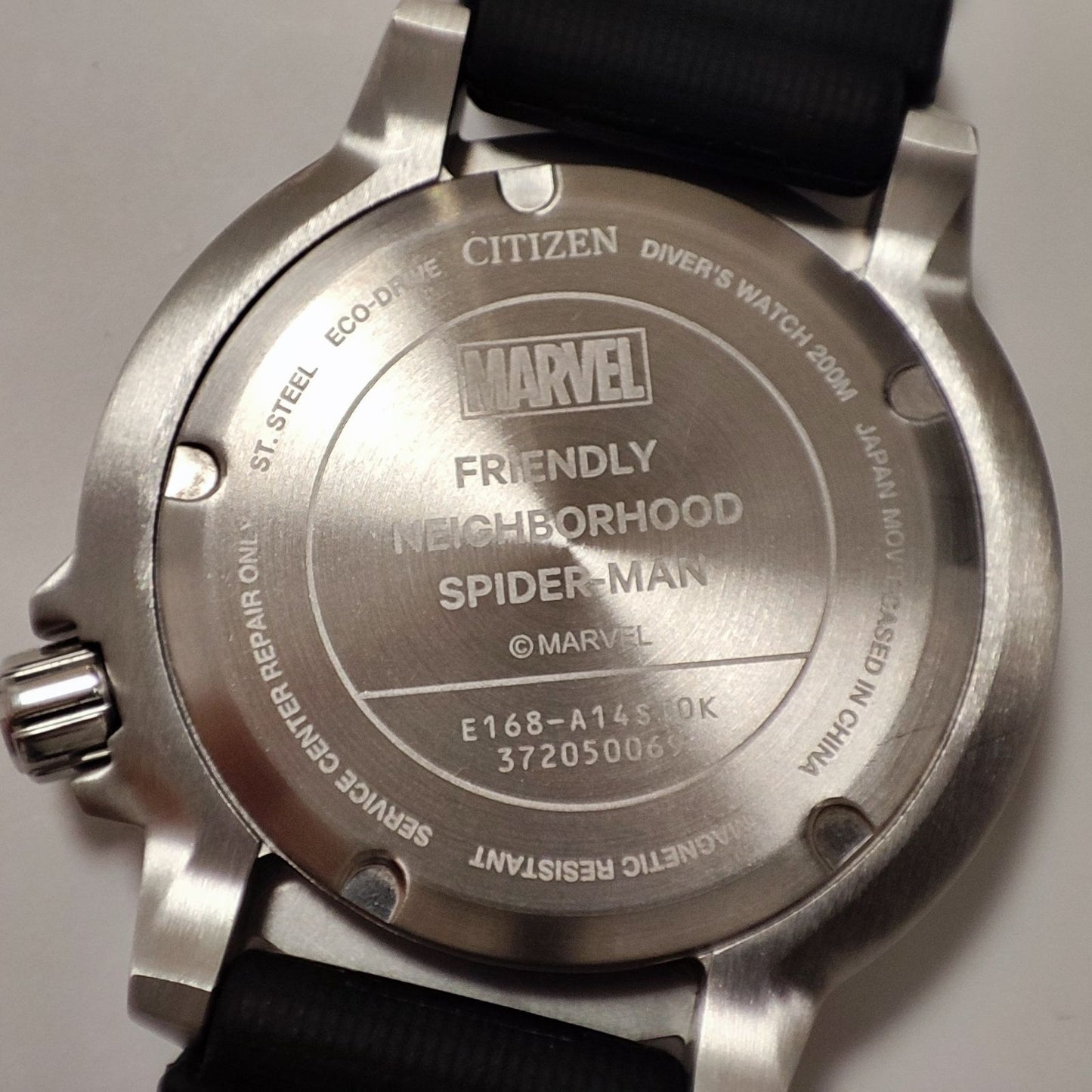 Citizen Promaster Marine Spider-Man Collaboration Model Watch BN0250-07L with blue dial and stainless steel strap