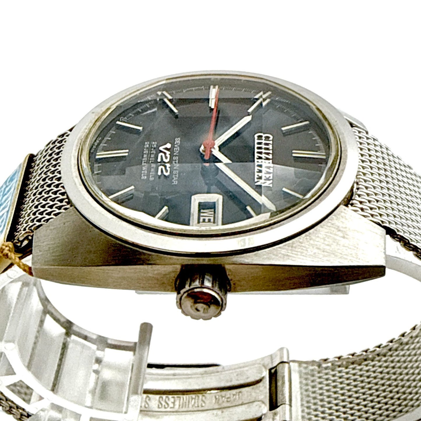 1970s Citizen Seven Star V2 automatic men's watch with black dial and silver case