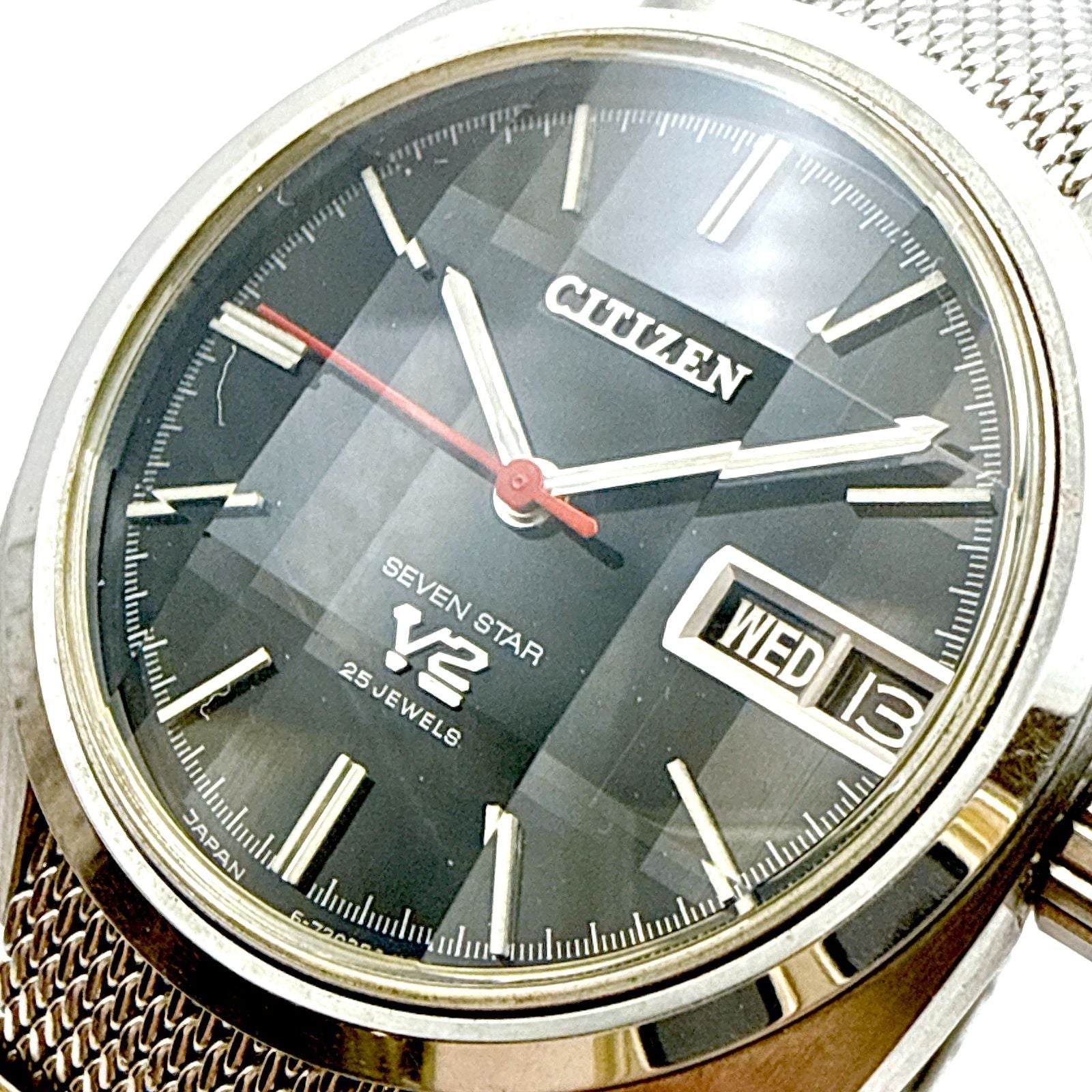 1970s Citizen Seven Star V2 automatic men's watch with black dial and silver case