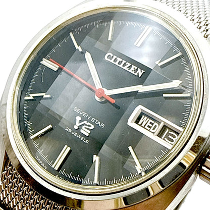 1970s Citizen Seven Star V2 automatic men's watch with black dial and silver case