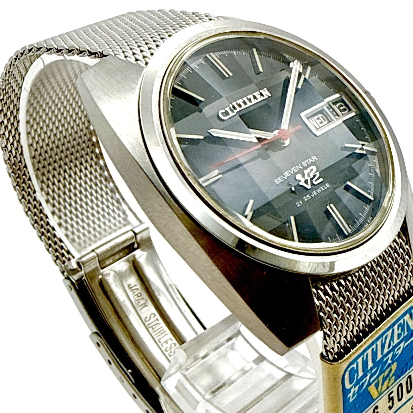1970s Citizen Seven Star V2 automatic men's watch with black dial and silver case