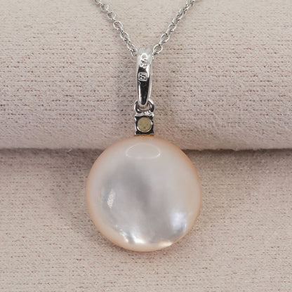 Tasaki silver necklace with Mabe pearl and green peridot gemstone model 26-0184