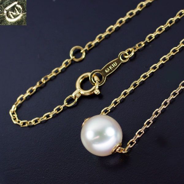 Mikimoto K18YG Akoya pearl pendant necklace featuring a single 7.8mm pearl on a 43cm yellow gold chain