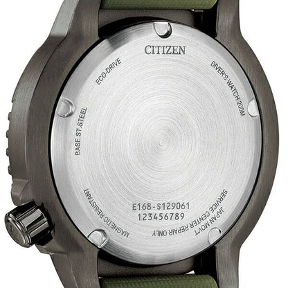 ProMaster Marine Eco-Drive watch BN0157-11X with khaki dial, khaki urethane band, and gray stainless steel case