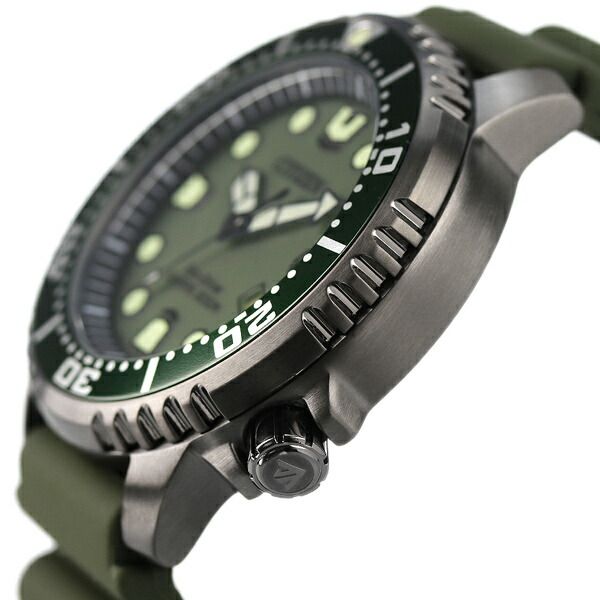 ProMaster Marine Eco-Drive watch BN0157-11X with khaki dial, khaki urethane band, and gray stainless steel case