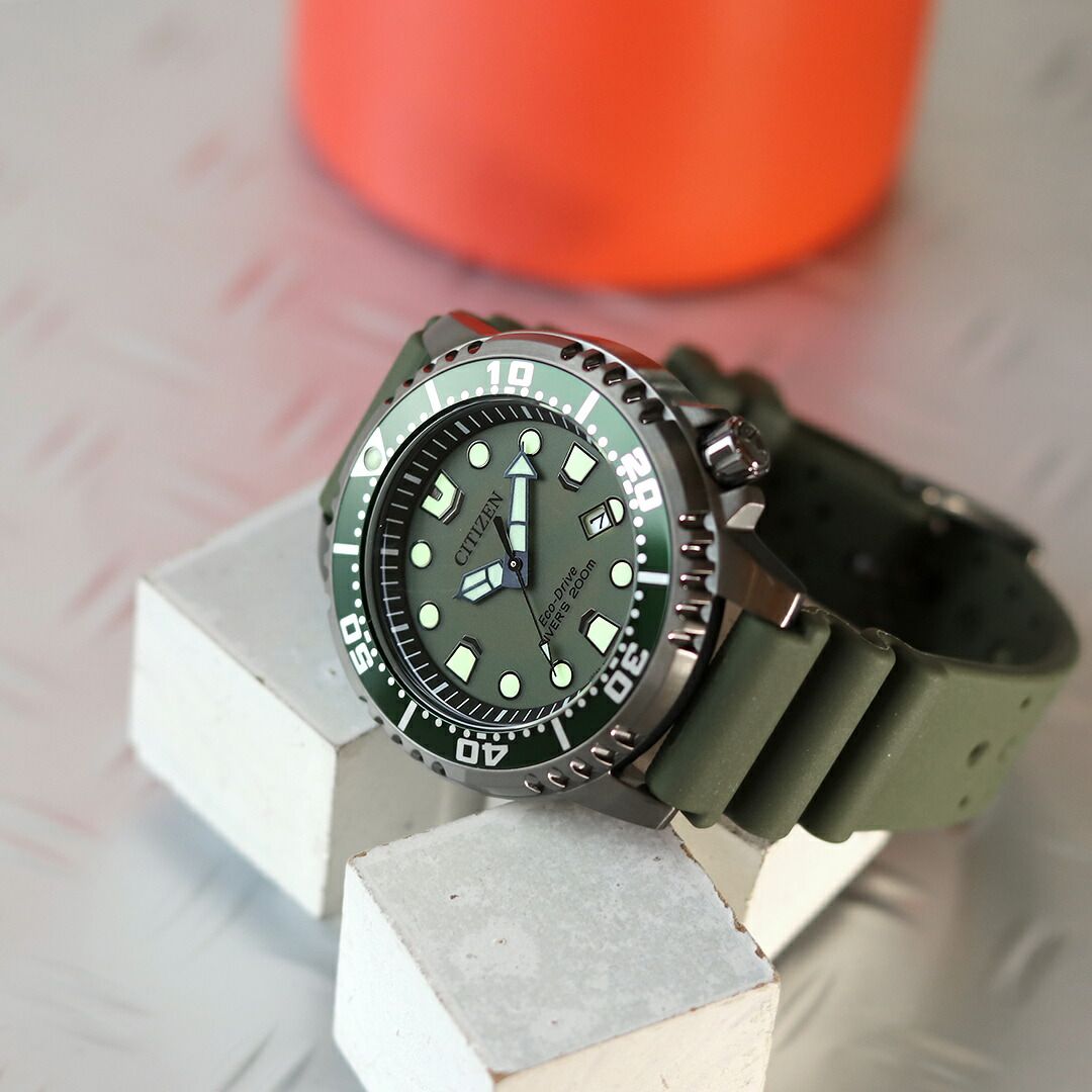 ProMaster Marine Eco-Drive watch BN0157-11X with khaki dial, khaki urethane band, and gray stainless steel case
