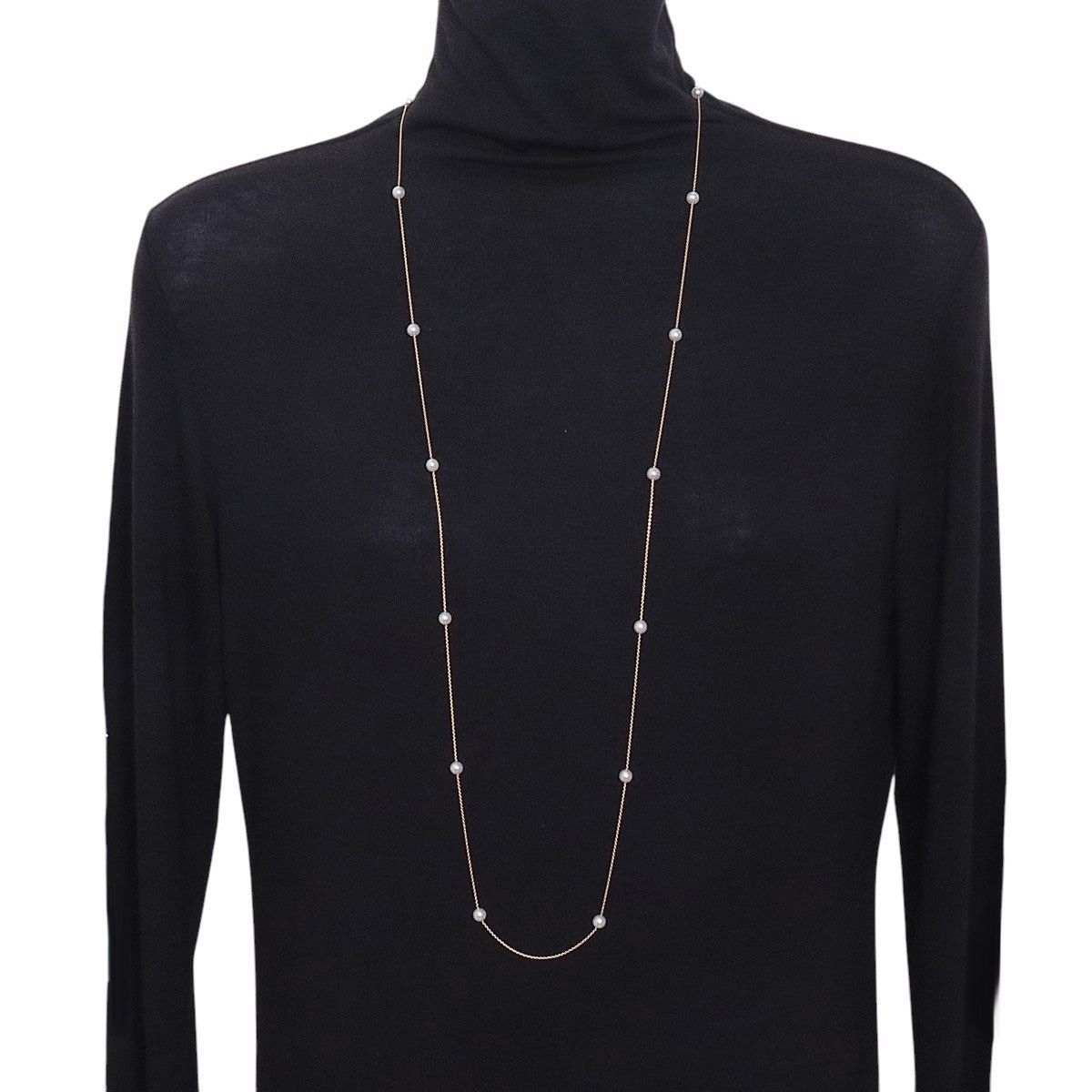 Tasaki long pearl necklace with 14 Akoya pearls sized 5.5 to 5.8mm on 18K yellow gold chain 100cm