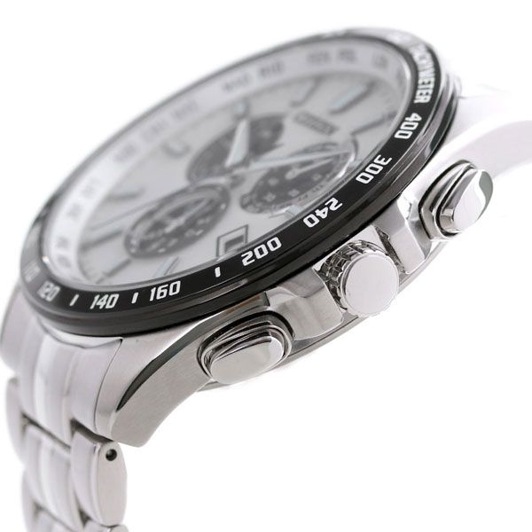 Citizen Eco-Drive Radio Wave Direct Flight Chronograph watch with white dial, jet black stainless steel case, and silver stainless steel band