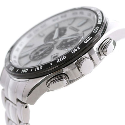 Citizen Eco-Drive Radio Wave Direct Flight Chronograph watch with white dial, jet black stainless steel case, and silver stainless steel band
