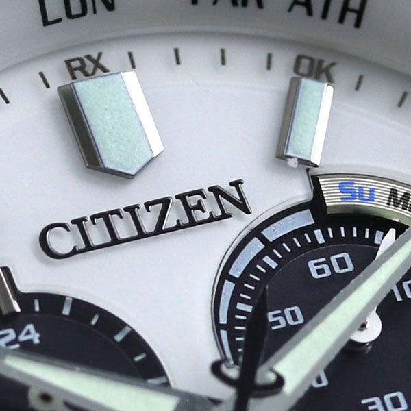 Citizen Eco-Drive Radio Wave Direct Flight Chronograph watch with white dial, jet black stainless steel case, and silver stainless steel band