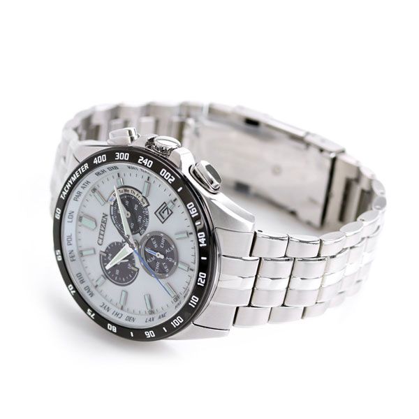 Citizen Eco-Drive Radio Wave Direct Flight Chronograph watch with white dial, jet black stainless steel case, and silver stainless steel band