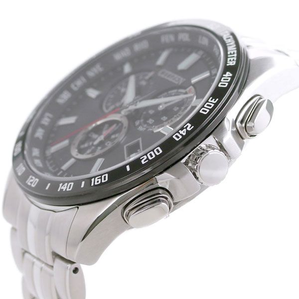 Citizen Eco-Drive Radio Wave Direct Flight Chronograph watch with black dial and silver stainless steel band