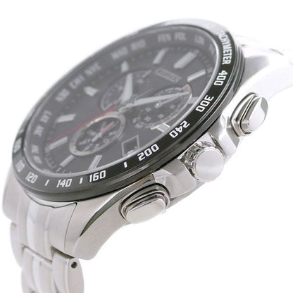 Citizen Eco-Drive Radio Wave Direct Flight Chronograph watch with black dial and silver stainless steel band