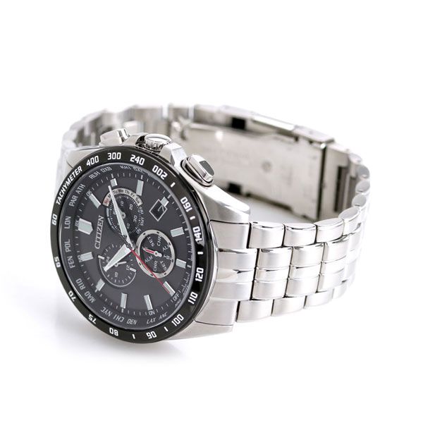 Citizen Eco-Drive Radio Wave Direct Flight Chronograph watch with black dial and silver stainless steel band