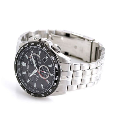 Citizen Eco-Drive Radio Wave Direct Flight Chronograph watch with black dial and silver stainless steel band