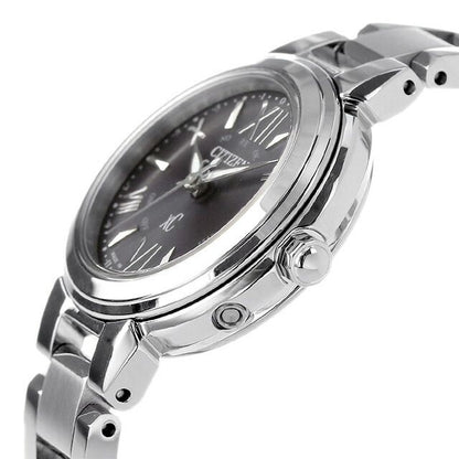 Citizen xC ES9430-89E ladies wristwatch with black dial and light silver band, solar radio-controlled Eco-Drive movement