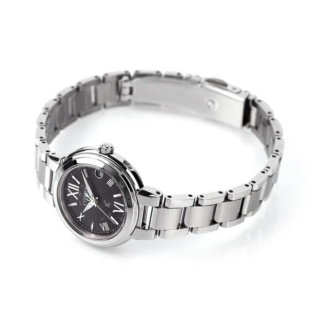 Citizen xC ES9430-89E ladies wristwatch with black dial and light silver band, solar radio-controlled Eco-Drive movement