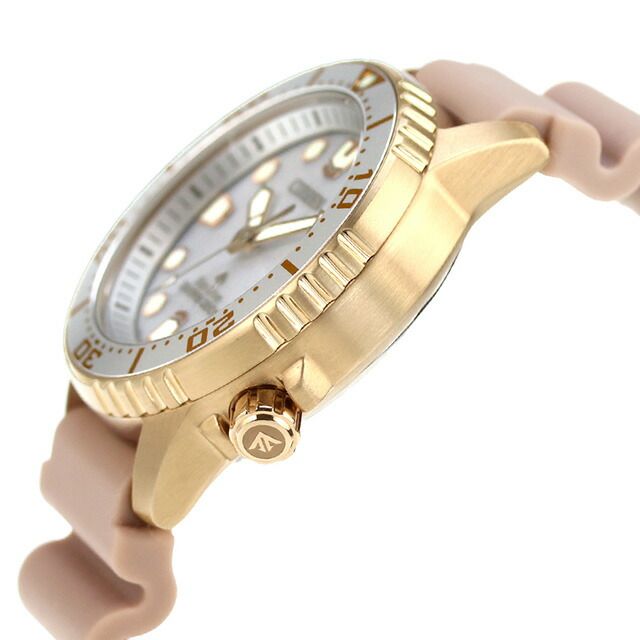 Citizen PROMASTER EO2023-00A men's diver wristwatch with silver dial, pink beige urethane band, and gold-plated stainless steel case