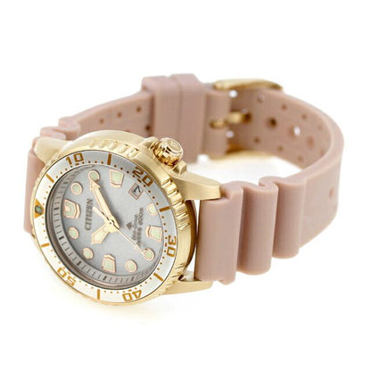 Citizen PROMASTER EO2023-00A men's diver wristwatch with silver dial, pink beige urethane band, and gold-plated stainless steel case