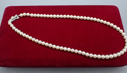 MIKIMOTO Akoya Pearl Necklace with 5.5mm pearls, 38cm length, displayed with original case
