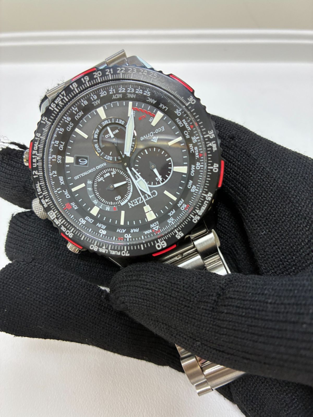 Citizen Promaster Sky Eco-Drive CB5001-57E radio-controlled pilot watch with aviation slide rule and black band