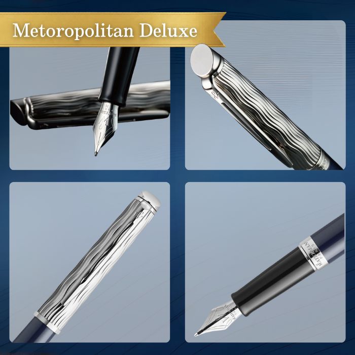 Waterman Metropolitan Fountain Pen with deep blue lacquer body, fine stainless steel nib, and palladium plated clip and trim