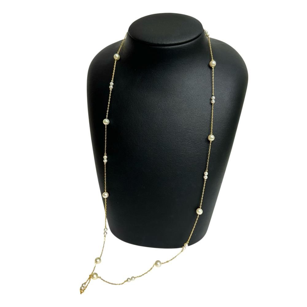 Mikimoto station-style long necklace with 3.3-6.0mm Akoya pearls and K18 gold chain, 72cm length