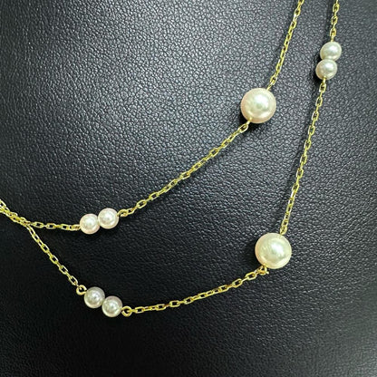 Mikimoto station-style long necklace with 3.3-6.0mm Akoya pearls and K18 gold chain, 72cm length