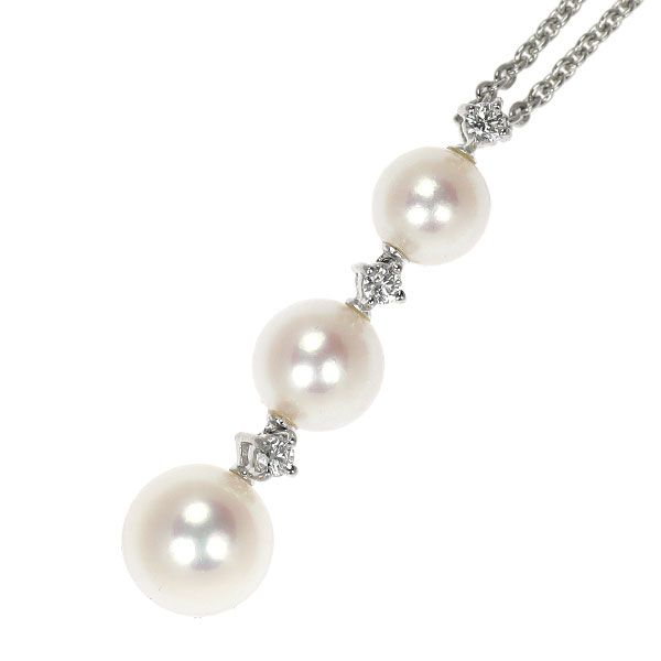 Mikimoto K18WG Akoya pearl necklace with three pearls and diamond pendant on 42 cm chain