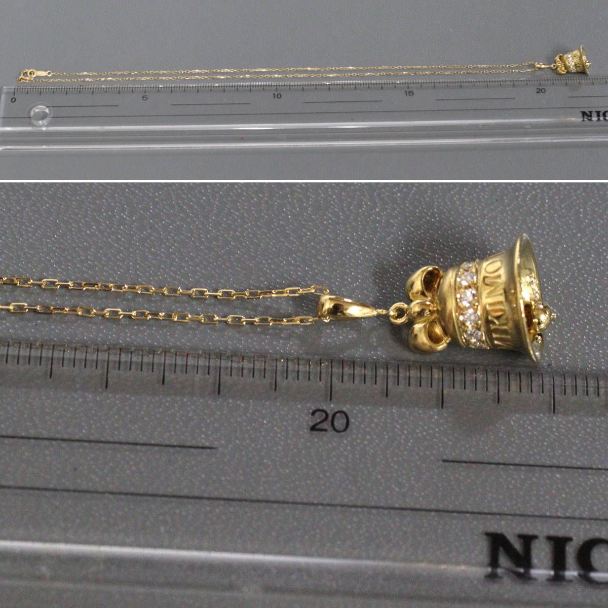 Mikimoto K18 diamond pendant featuring bell motif with 0.15ct diamond on 40cm chain