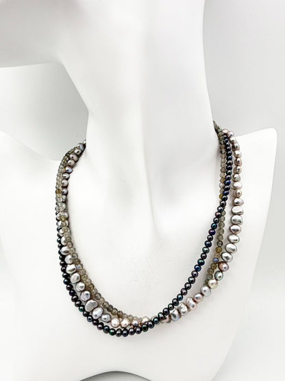 Agate silver three-row necklace with baroque freshwater pearls and labradorite stones, length 36-40 cm