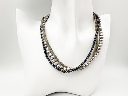 Agate silver three-row necklace with baroque freshwater pearls and labradorite stones, length 36-40 cm