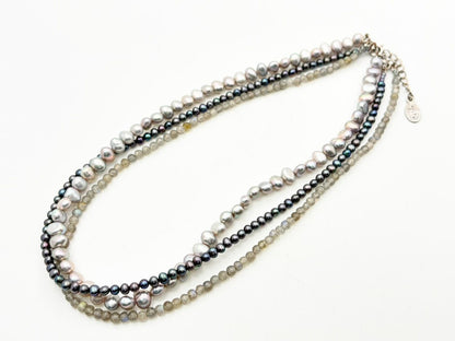 Agate silver three-row necklace with baroque freshwater pearls and labradorite stones, length 36-40 cm