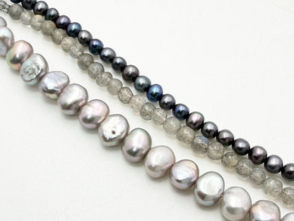 Agate silver three-row necklace with baroque freshwater pearls and labradorite stones, length 36-40 cm